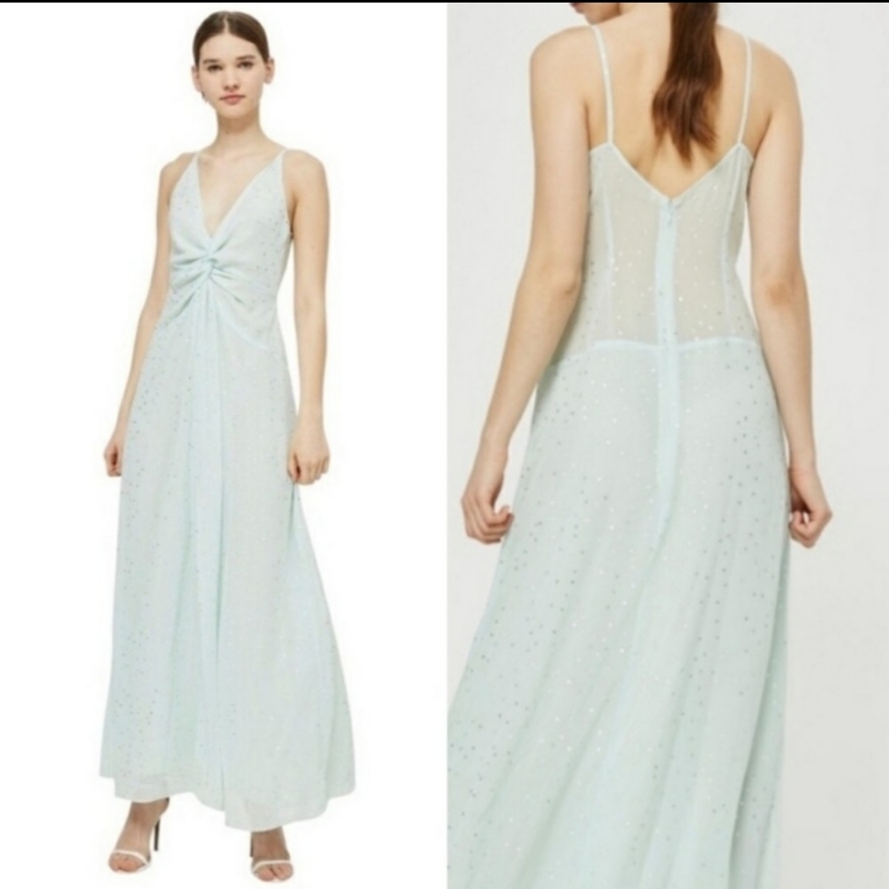 TopShop mint low cut gown w/ silver polka dot